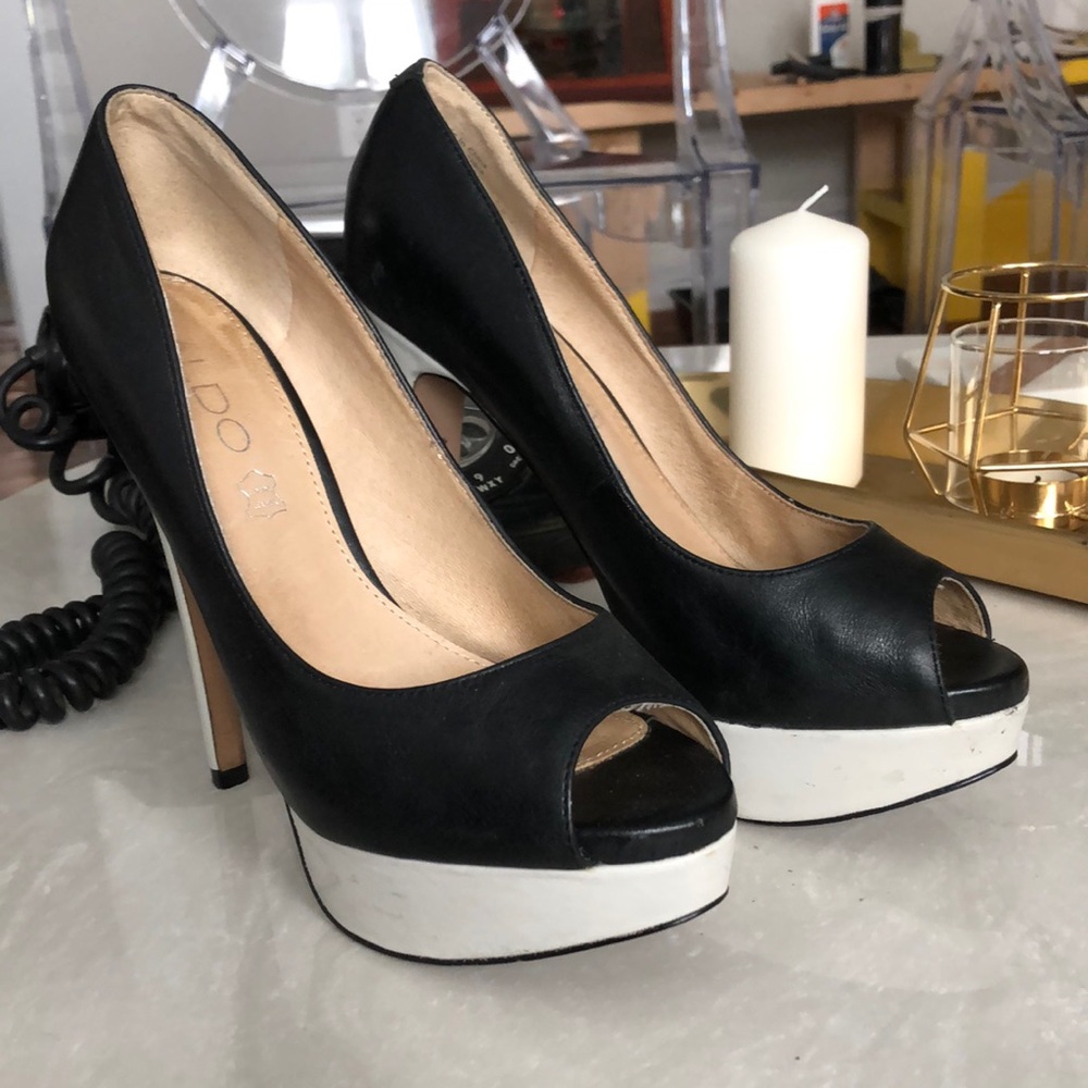 Aldo black and white platform peep toe heels
